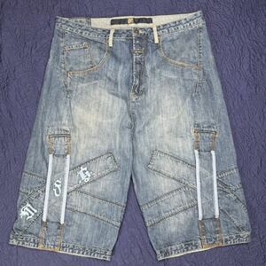 Vintage Girbaud Denim Shorts Mens 40 Baggy Y2K Strap Cargo Jean Embroidered